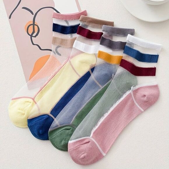 Colorful Striped Ankle Mesh Socks Set of 4 - Picture 2 of 5